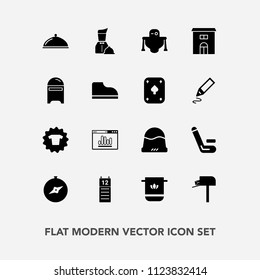 Modern, simple vector icon set with clothing, competitive, robot, post, food, waiter, message, mailbox, north, sign, agenda, restaurant, fashion, cap, box, real, clothes, futuristic, envelope icons