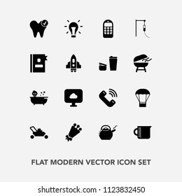 Modern, simple vector icon set with mobile, sign, dental, child, bouquet, gardening, idea, kid, kitchen, old, baby, hot, dentist, white, balloon, container, shower, equipment, communication, air icons