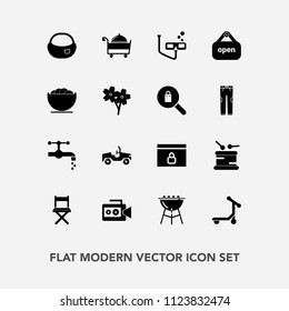 Modern, simple vector icon set with bag, barbecue, faucet, school, video, vehicle, bathroom, lock, service, sport, store, bowl, sink, sound, restaurant, rucksack, mask, bbq, musical, seat, tap icons