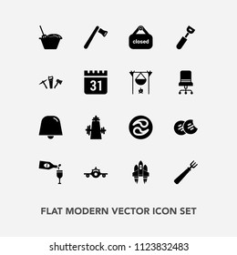 Modern, simple vector icon set with screwdriver, airplane, noodle, store, wine, construction, dinner, sweet, craft, business, repair, space, cookie, shop, glass, technology, axe, kamon, drink icons
