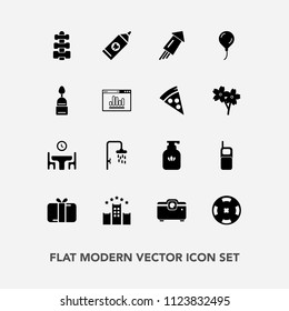 Modern, simple vector icon set with decoration, health, brush, soap, money, gift, shower, bath, celebration, business, bottle, dinner, hotel, fitness, table, firework, hygiene, old, casino, home icons