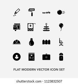 Modern, simple vector icon set with home, interior, pen, helmet, light, stationery, human, truck, construction, delivery, office, caravan, business, armchair, emergency, paint, roll, travel, hat icons