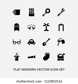 Modern, simple vector icon set with food, tool, liquid, warm, toy, equipment, bar, sunglasses, hammer, transportation, glass, clothing, transport, construction, socks, rattle, sweet, clothes icons