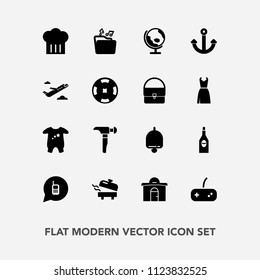 Modern, simple vector icon set with business, house, bell, real, call, restaurant, child, phone, hammer, equipment, home, telephone, map, flight, globe, chief, global, saw, clothing, ring, kid icons