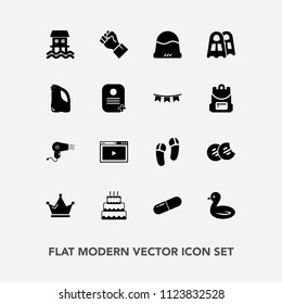 Modern, simple vector icon set with hat, sport, hairdryer, concept, dryer, people, sky, cookie, wildlife, identity, crown, animal, boat, snack, bird, houseboat, pie, slipper, web, fashion, cake icons