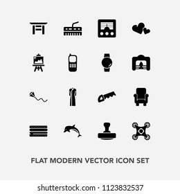 Modern, simple vector icon set with dress, joy, animal, furniture, female, heart, travel, fun, wildlife, valentine, summer, communication, dolphin, burger, food, chair, antenna, work, kite, saw icons