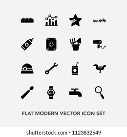 Modern, simple vector icon set with hammer, food, star, finance, gadget, care, equipment, health, dinner, hygiene, apple, glass, beverage, fruit, zoom, kid, graph, clean, play, happy, horse, box icons