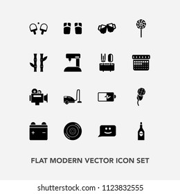 Modern, simple vector icon set with wine, power, candy, auto, karaoke, audio, tennis, bar, music, camera, chat, game, beach, pub, glass, lollipop, red, full, battery, sound, equipment, film, car icons