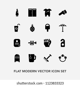 Modern, simple vector icon set with entrance, carrot, letter, rattle, fresh, child, food, mail, cup, hammer, tea, rake, music, drink, identity, healthy, trumpet, finger, envelope, kid, door, toy icons