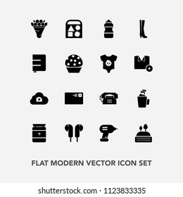 Modern, simple vector icon set with flower, dessert, audio, cup, decoration, floral, bodybuilding, book, health, doughnut, bouquet, internet, communication, notebook, web, industry, send, bottle icons