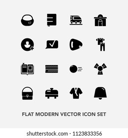 Modern, simple vector icon set with ball, object, van, literature, heater, account, rucksack, library, sport, bowling, notebook, pin, cheeseburger, fun, fashion, equipment, vehicle, bag, home icons
