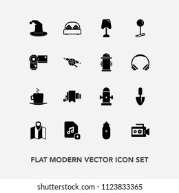 Modern, simple vector icon set with camera, music, drop, furniture, work, hydrant, travel, hat, water, food, interior, bed, handle, table, tool, concept, cup, pasta, bedroom, double, home, photo icons
