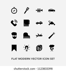 Modern, simple vector icon set with fashion, white, style, phone, north, map, bulb, electricity, music, airplane, call, sign, highway, piano, graphic, table, idea, pan, notebook, bus, cooking icons