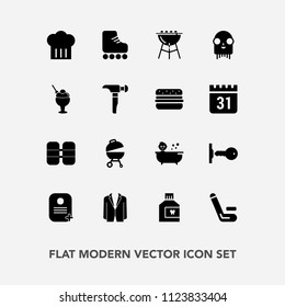 Modern, simple vector icon set with leisure, bath, match, child, mouth, oxygen, ufo, door, care, barbecue, cricket, identity, kid, cylinder, suit, alien, monster, food, sign, restaurant, house icons