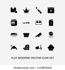 Modern, simple vector icon set with cake, man, lawn, luxury, gardening, cycle, fork, cooking, crown, shirt, map, clothes, grill, white, bbq, sport, air, food, grass, travel, hygiene, conditioner icons