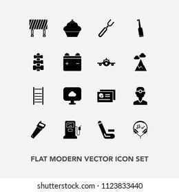 Modern, simple vector icon set with knife, music, spoon, chart, dessert, fork, restaurant, document, pump, cake, fuel, medicine, competitive, traffic, match, gas, graph, station, street, sign icons