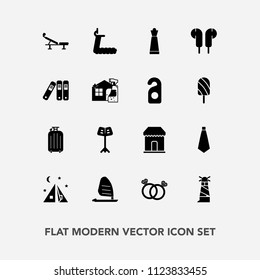Modern, simple vector icon set with tie, surf, cleaner, label, luggage, folder, audio, gym, engagement, diamond, music, bag, sport, strategy, chess, hotel, piece, light, beacon, orchestra, sea icons