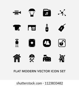 Modern, simple vector icon set with house, play, building, molecule, open, builder, wind, chemistry, estate, game, futuristic, electricity, power, city, protection, industry, group, trumpet, air icons