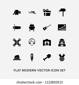 Modern, simple vector icon set with airplane, winner, modern, control, fashion, warm, present, temperature, headwear, home, drone, culture, fire, thermometer, hat, shovel, style, technology, box icons