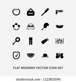 Modern, simple vector icon set with toy, white, beauty, smart, pants, gadget, business, technology, baby, check, meat, time, chemical, weapon, infant, bed, hat, stationery, store, science, war icons