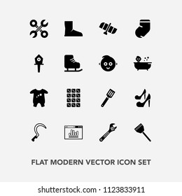 Modern, simple vector icon set with chocolate, wrench, business, kid, child, boot, food, space, spanner, reparation, gardening, girl, sickle, clothing, garden, socks, birdhouse, winter, bar, pan icons