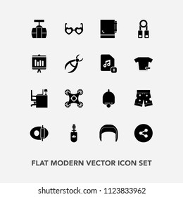 Modern, simple vector icon set with belt, cooking, notebook, media, alarm, worker, call, white, mascara, bell, helmet, control, office, transportation, brush, hippie, glasses, button, black, car icons
