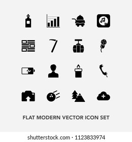 Modern, simple vector icon set with ball, glass, communication, sport, hotel, service, fun, power, flame, wax, user, pin, battery, forest, nature, liquid, cloud, diagram, bedroom, beverage, data icons