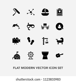 Modern, simple vector icon set with sea, dentistry, saw, wheel, chemistry, slipper, park, footwear, projector, percussion, ship, brush, carriage, molecule, screen, roller, london, arctic, house icons