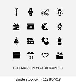 Modern, simple vector icon set with transportation, van, jump, train, parachuting, sweet, pie, drink, water, tow, bottle, wet, decoration, cake, wax, flame, vehicle, car, time, gas, call, button icons