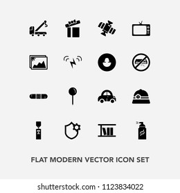 Modern, simple vector icon set with space, picture, photo, library, book, image, technology, hat, box, truck, medicine, security, health, map, drop, water, television, tv, station, present, gift icons