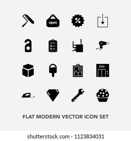Modern, simple vector icon set with check, doughnut, electric, business, roller, modern, paint, equipment, iron, sweet, spanner, food, cube, dessert, brush, store, image, diamond, privacy, web icons