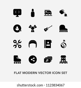 Modern, simple vector icon set with skating, vehicle, business, van, music, internet, computer, skate, sport, leisure, screen, nature, button, repair, phone, book, reparation, worker, media, fun icons