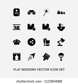 Modern, simple vector icon set with parachuting, lamp, sky, book, bow, white, magic, curtain, paper, shirt, binocular, sushi, table, button, box, identity, salmon, fish, internet, male, jump icons