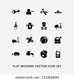 Modern, simple vector icon set with telephone, equipment, technology, departure, account, vacuum, plane, ball, food, pictogram, domestic, tool, travel, flight, old, soccer, cut, faucet, dessert icons