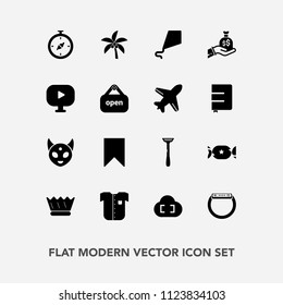 Modern, simple vector icon set with leaf, nature, media, compass, bookmark, summer, king, north, sky, time, tropical, crown, food, lollipop, map, gadget, luxury, sign, clothing, royal, candy icons