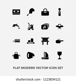 Modern, simple vector icon set with road, pinafore, cook, wildlife, glass, pot, guitar, wine, tape, japan, sport, boat, chicken, meal, luggage, transportation, japanese, animal, retro, dolphin icons