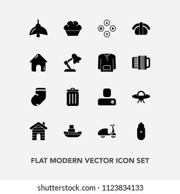 Modern, simple vector icon set with estate, food, business, bike, spaceship, bin, boat, ufo, sea, space, sport, vessel, real, trash, concept, fashion, socks, play, garbage, electricity, alien icons