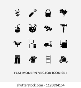 Modern, simple vector icon set with bag, farm, tractor, fashion, kid, female, blossom, pants, woman, food, desk, happy, agriculture, horse, elegant, harvest, grain, phone, bike, communication icons
