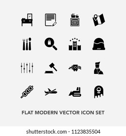 Modern, simple vector icon set with construction, write, sign, airplane, cooking, kebab, industry, grater, edit, travel, ufo, grilled, justice, flight, modern, cheese, equipment, cabinet, meat icons