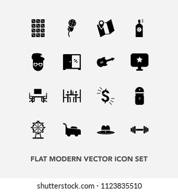 Modern, simple vector icon set with work, seasoning, equipment, dessert, location, business, lawn, garden, office, paint, music, mic, sheriff, road, eye, food, pin, sweet, dollar, map, usd, gym icons
