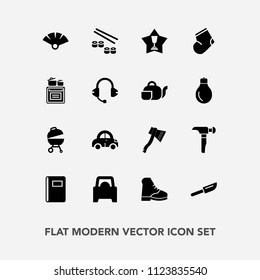 Modern, simple vector icon set with grill, notebook, warm, hammer, salmon, winner, automobile, sushi, barbecue, knife, book, transport, fish, paper, page, tool, sensu, meat, dinner, fork, japan icons