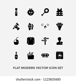 Modern, simple vector icon set with snorkel, construction, baby, computer, profile, device, black, user, rattle, direction, banner, avatar, delete, summer, housework, mouse, gallon, infant, life icons