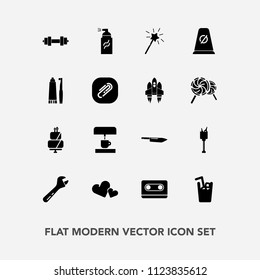 Modern, simple vector icon set with machine, fitness, abstract, kitchen, toothpaste, coffee, alcohol, gym, wine, tool, love, sign, spanner, wand, cake, paint, juice, grunge, cassette, toothbrush icons
