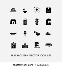 Modern, simple vector icon set with menu, city, caravan, clothing, sound, space, image, air, trumpet, journey, architecture, houseboat, meal, drink, soup, planet, fashion, conditioner, spoon icons