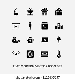 Modern, simple vector icon set with exclamation, temperature, house, thermometer, japanese, chat, candy, shrine, meal, art, music, tape, estate, water, real, audio, business, energy, retro, fan icons