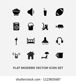 Modern, simple vector icon set with bucket, music, hood, building, home, phone, cradle, umbrella, restaurant, cold, estate, call, kitchen, transparent, bed, coffee, chair, beach, real, ringing icons