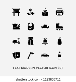 Modern, simple vector icon set with spanner, travel, bicycle, female, cycle, torii, equipment, location, direction, printer, highway, percussion, white, game, notification, hammer, alert, broom icons