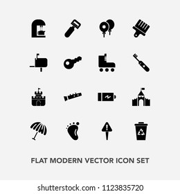 Modern, simple vector icon set with sign, battery, small, white, waste, birthday, full, trash, castle, exclamation, background, potato, plastic, building, sound, musical, vegetable, foot, danger icons