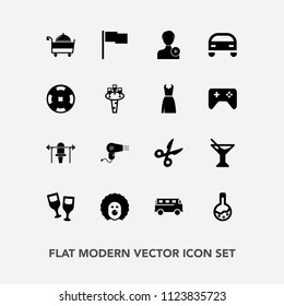 Modern, simple vector icon set with money, clown, sport, vehicle, member, sign, restaurant, dress, transport, alcohol, drink, speed, fitness, holiday, laboratory, poker, add, hairdryer, weight icons