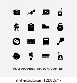 Modern, simple vector icon set with conditioning, liquid, phone, air, cold, box, fun, shipping, sound, chat, beverage, kid, parachute, child, boy, package, kite, trumpet, childhood, transport icons